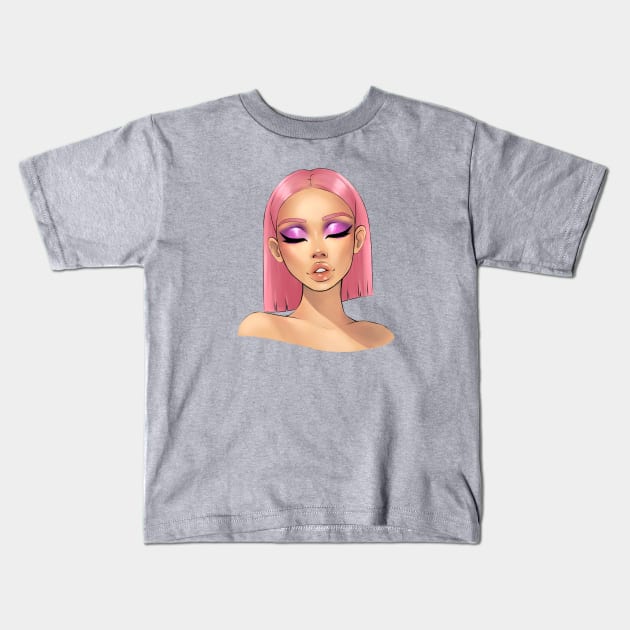 Pink Hair Makeup Girl Kids T-Shirt by klaudiacloud